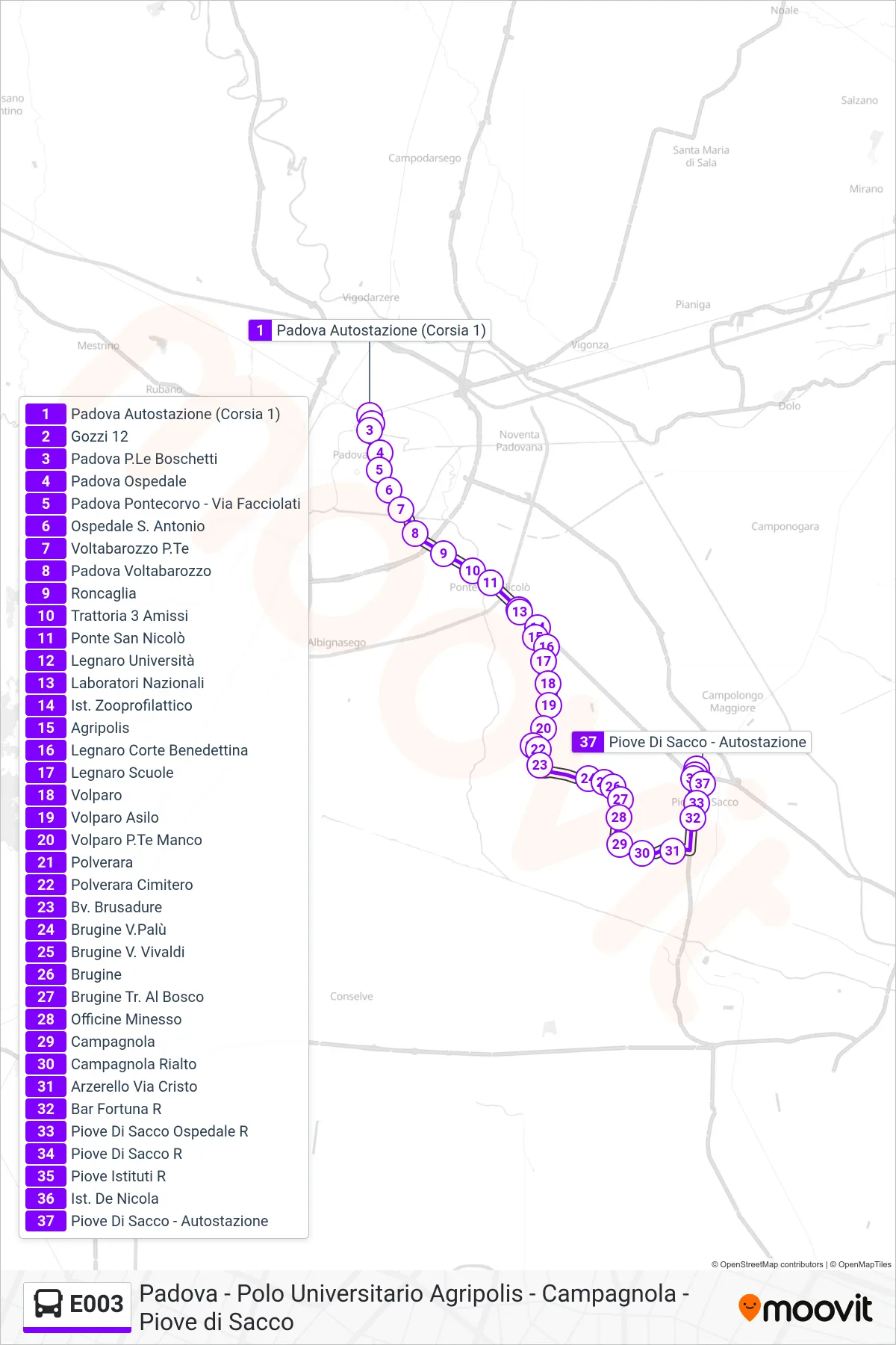 Linea E003 bus (Piove Di Sacco) - Percorsi e fermate sulla mappa