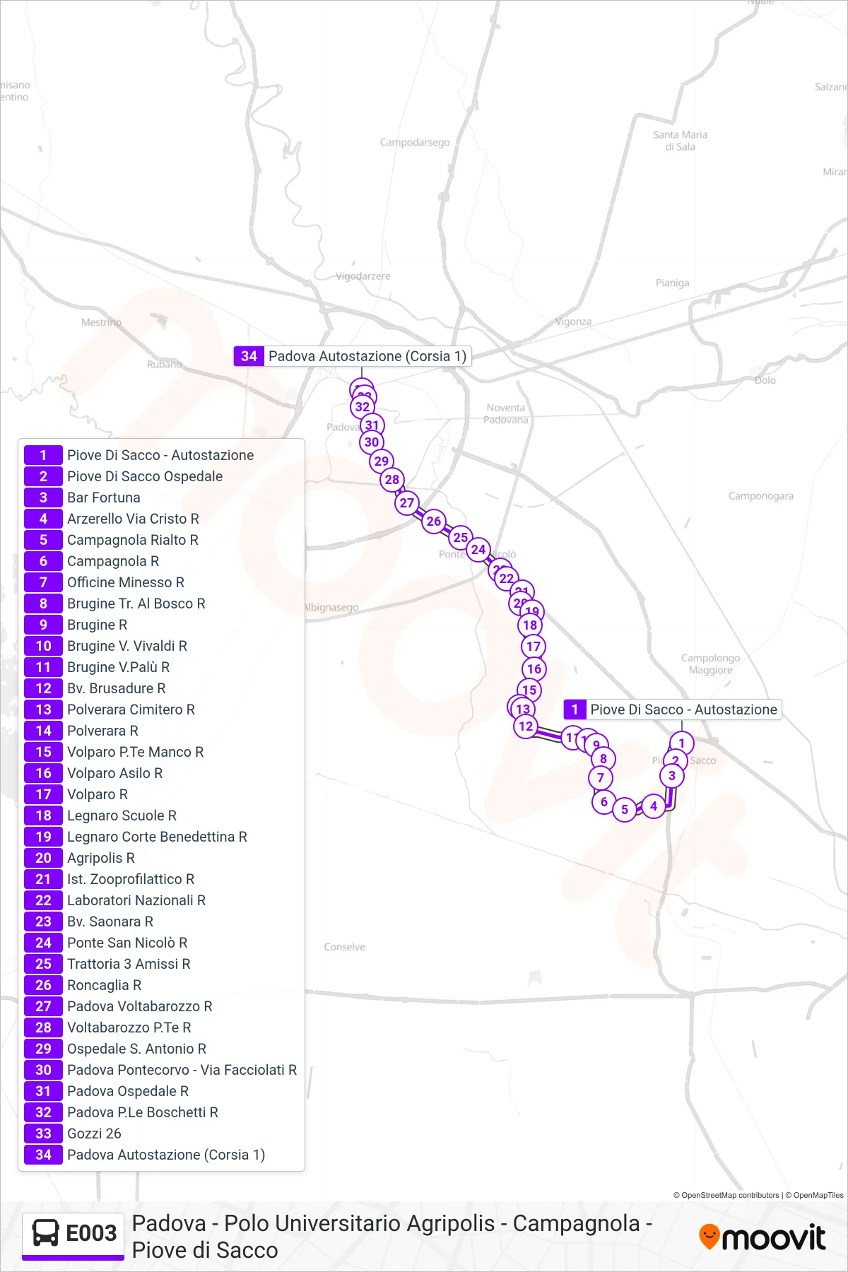 Linea E003 bus (Padova Autostazione) - Percorsi e fermate sulla mappa