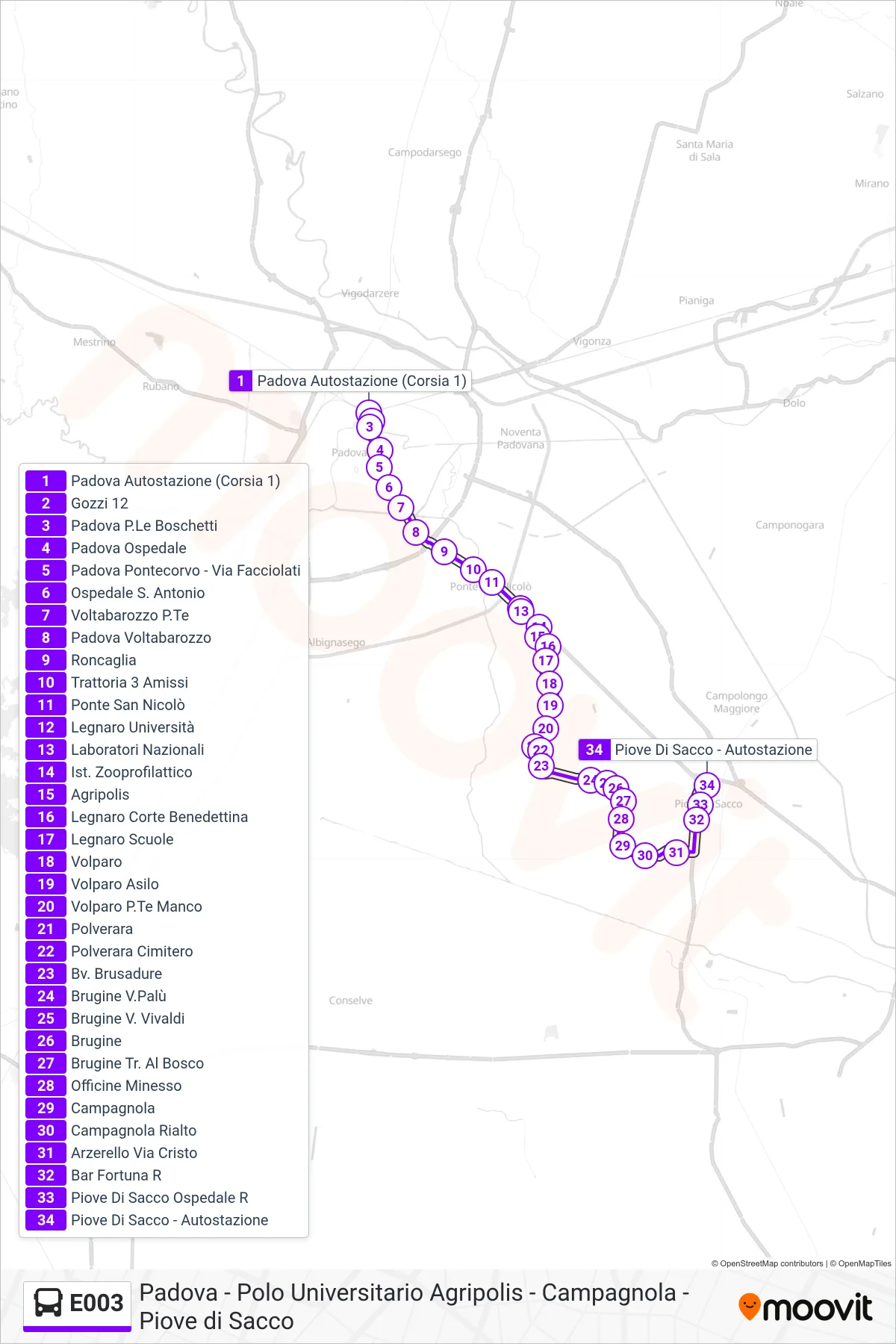 Linea E003 bus (Piove Di Sacco) - Percorsi e fermate sulla mappa
