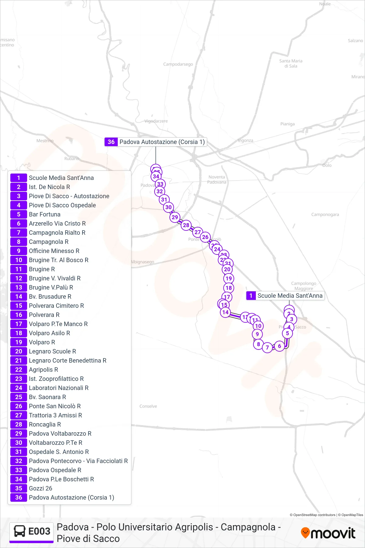 Linea E003 bus (Padova Autostazione) - Percorsi e fermate sulla mappa