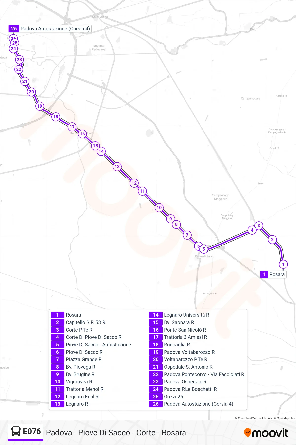 Linea E076  bus (Padova Autostazione) - Percorsi e fermate sulla mappa