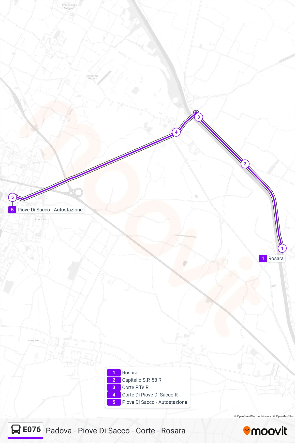 Linea E076  bus (Piove Di Sacco) - Percorsi e fermate sulla mappa