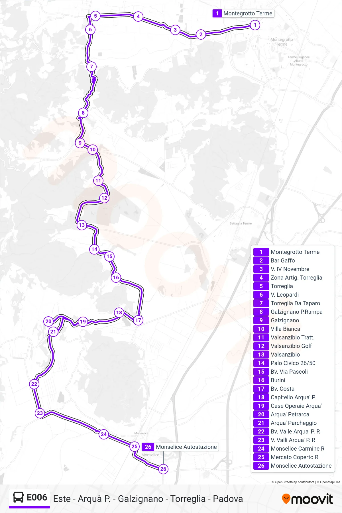 Linea E006 bus (Monselice Autostazione) - Percorsi e fermate sulla mappa