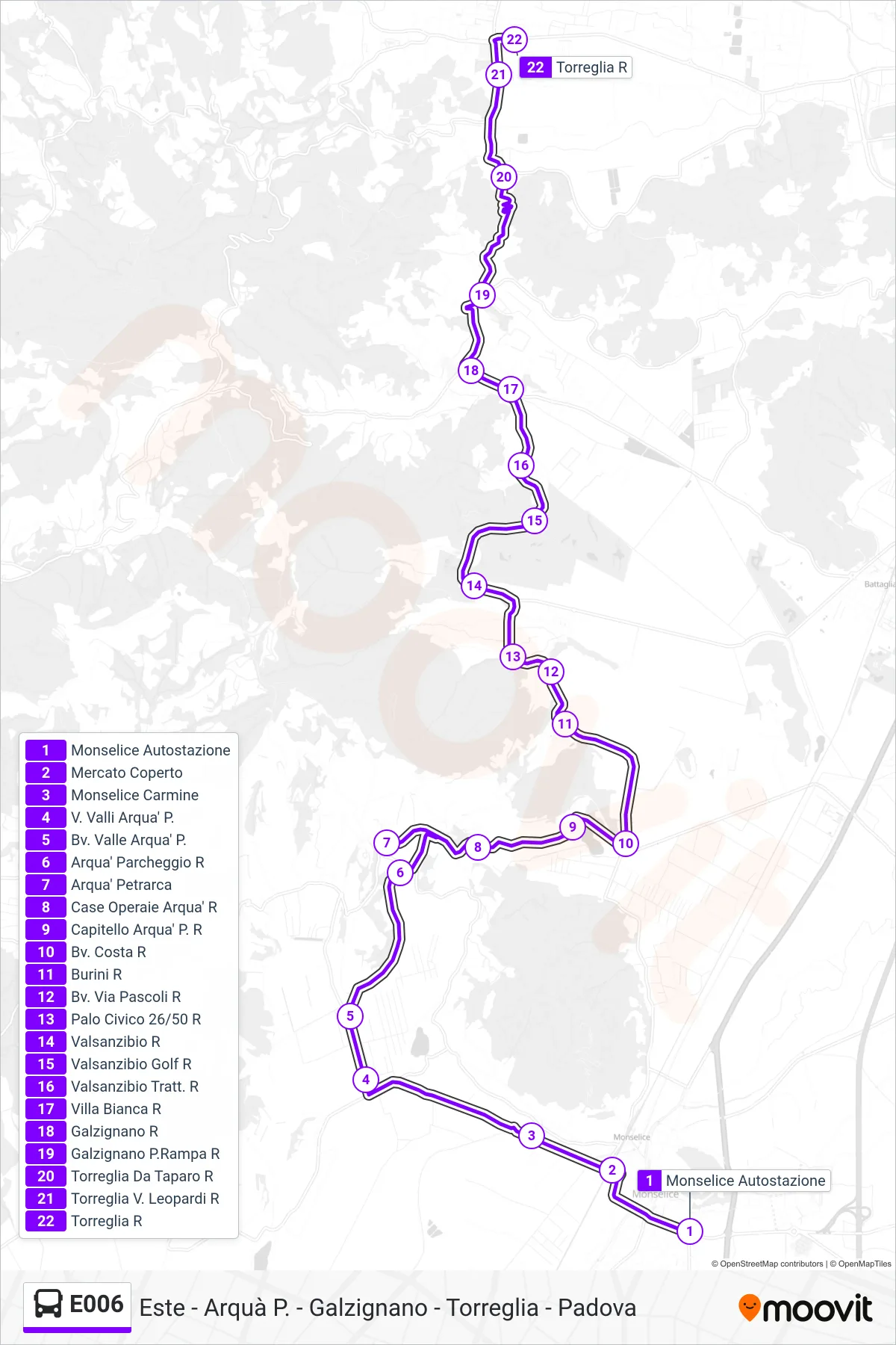 Linea E006 bus (Torreglia) - Percorsi e fermate sulla mappa
