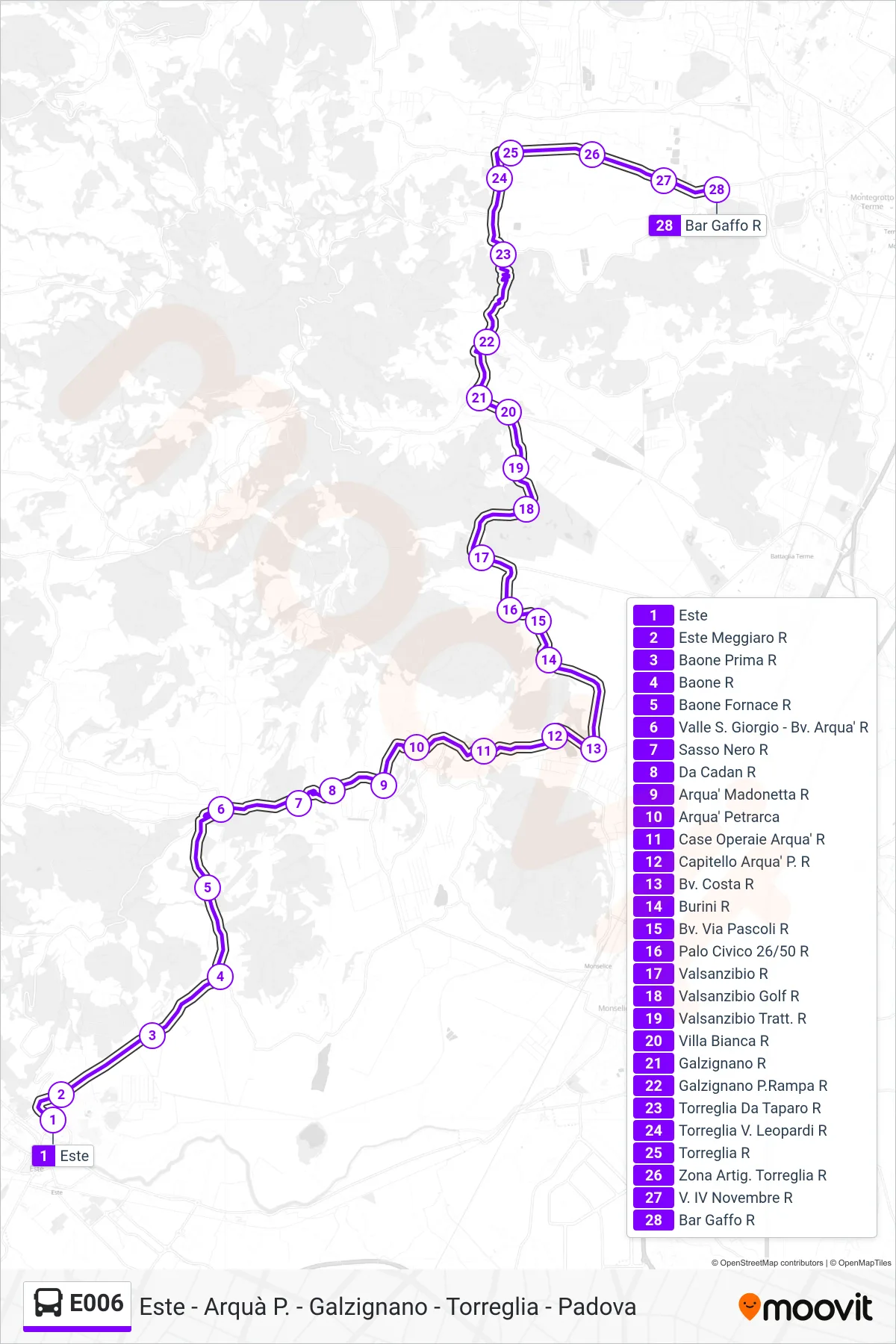 Linea E006  bus (Torreglia) - Percorsi e fermate sulla mappa