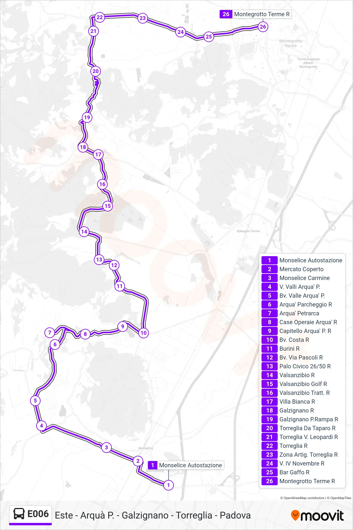 Linea E006  bus (Montegrotto Terme) - Percorsi e fermate sulla mappa