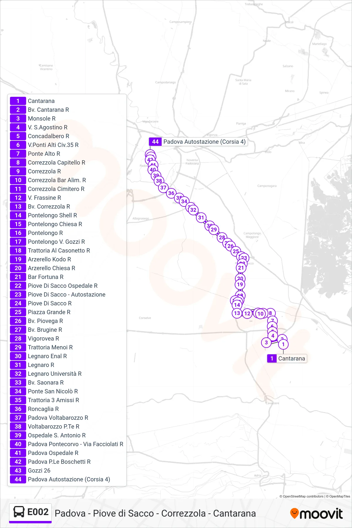 Linea E002 bus (Padova Autostazione) - Percorsi e fermate sulla mappa