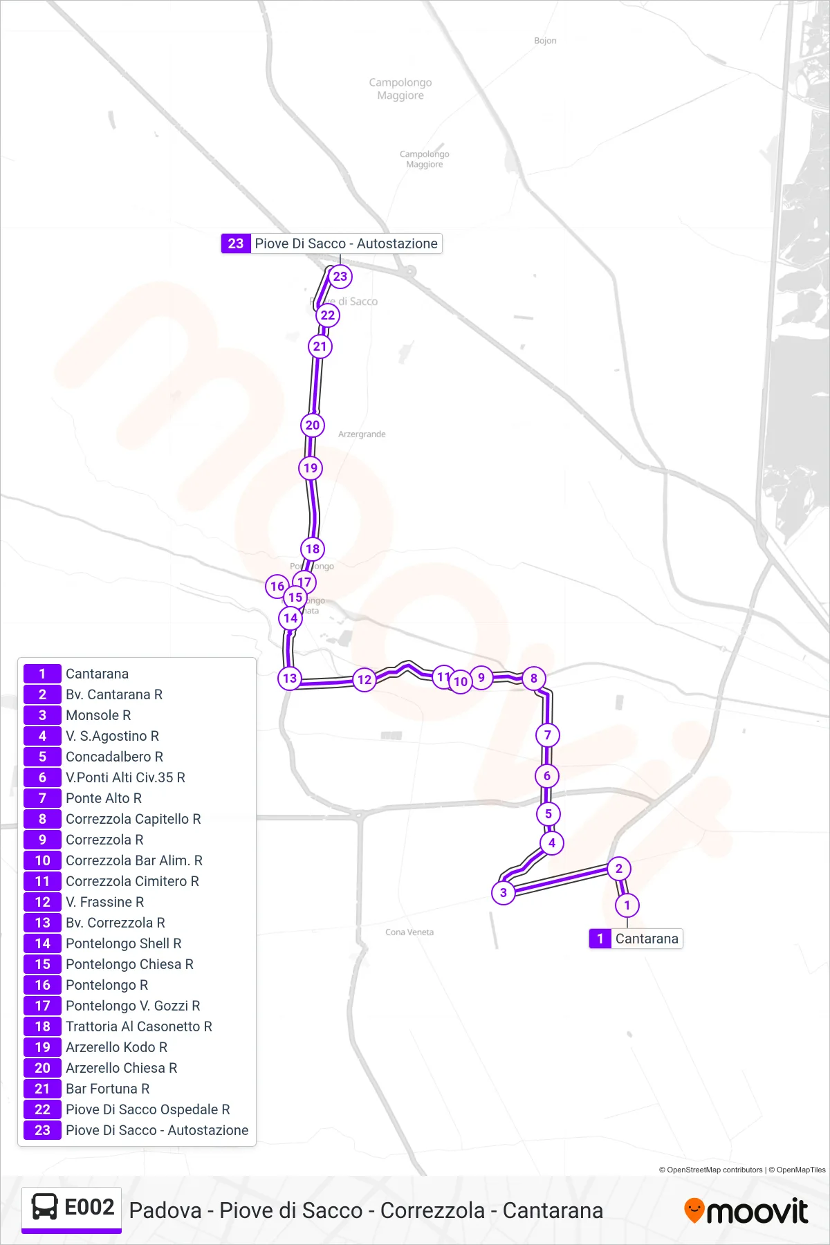 Linea E002 bus (Piove Di Sacco) - Percorsi e fermate sulla mappa