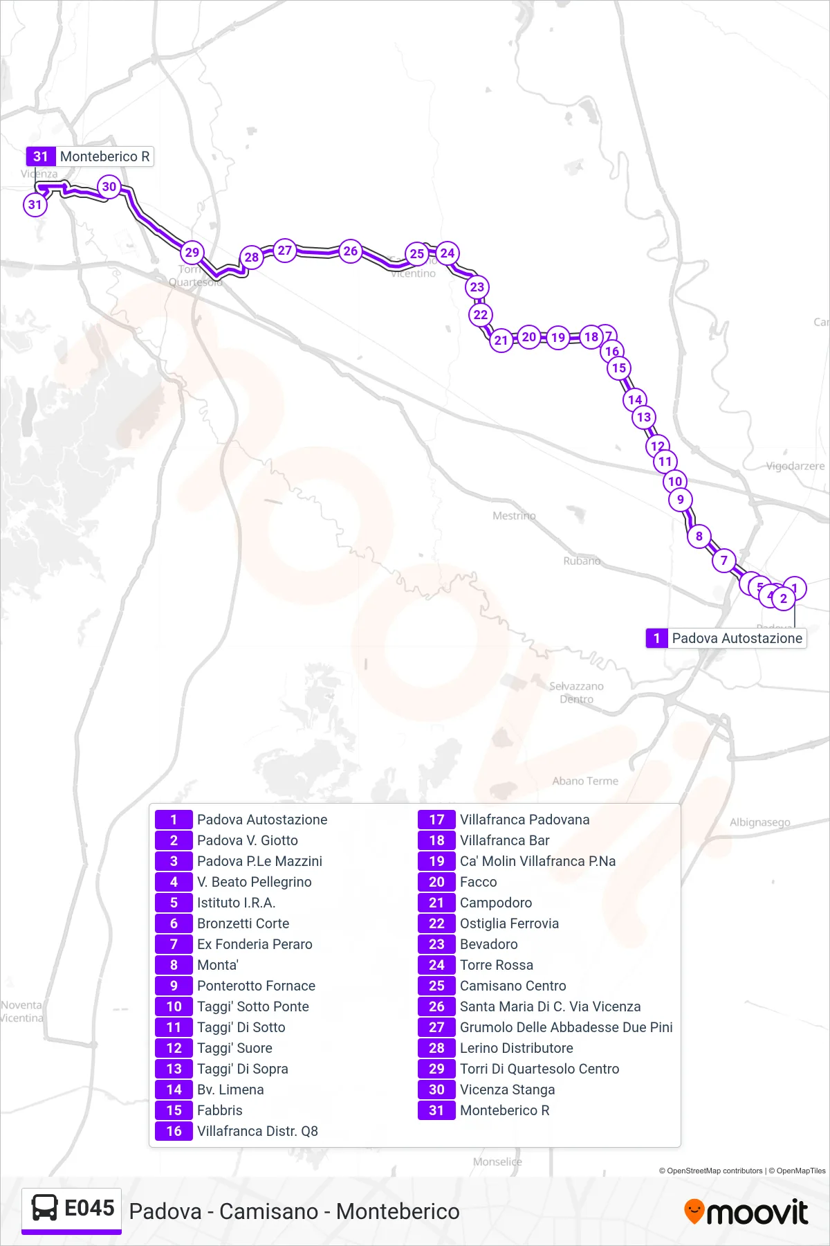 Linea E045 bus (Monteberico) - Percorsi e fermate sulla mappa
