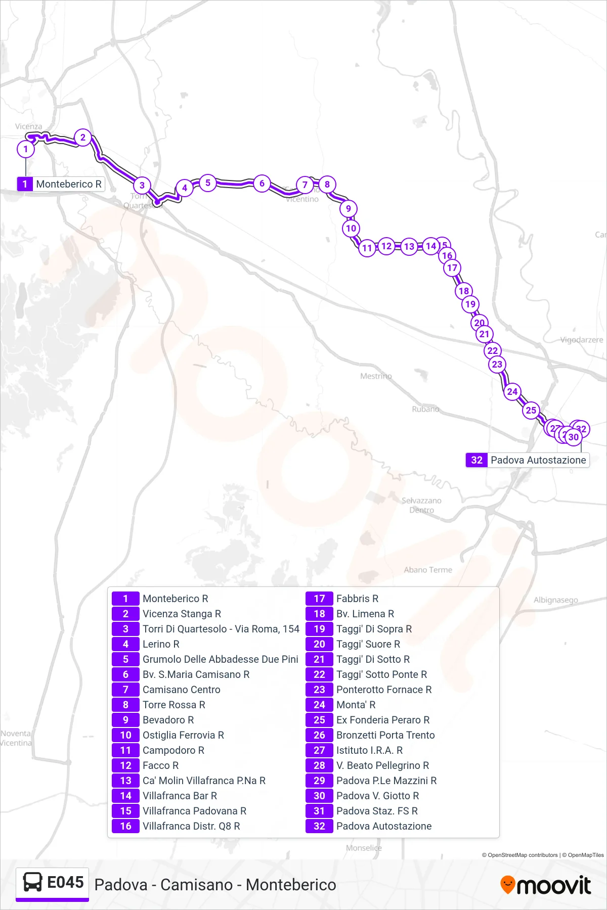 Linea E045 bus (Padova Autostazione) - Percorsi e fermate sulla mappa