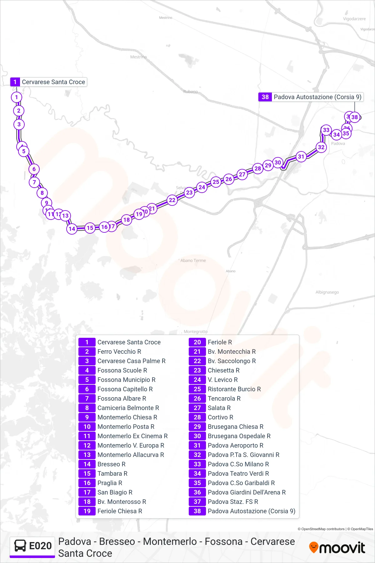 E020 bus Line (Padua Bus Station) route and stops on a map