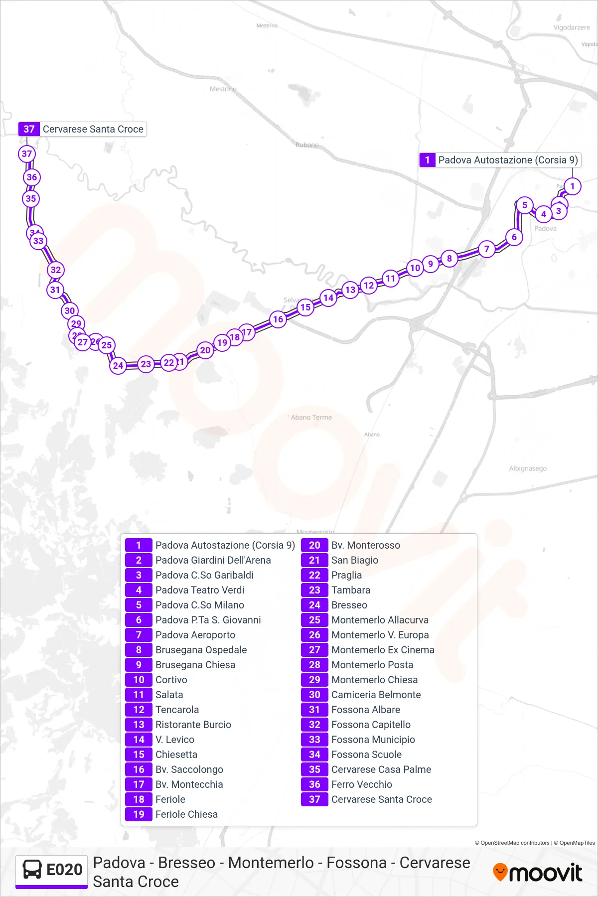 Linea E020 bus (Cervarese S. Croce) - Percorsi e fermate sulla mappa
