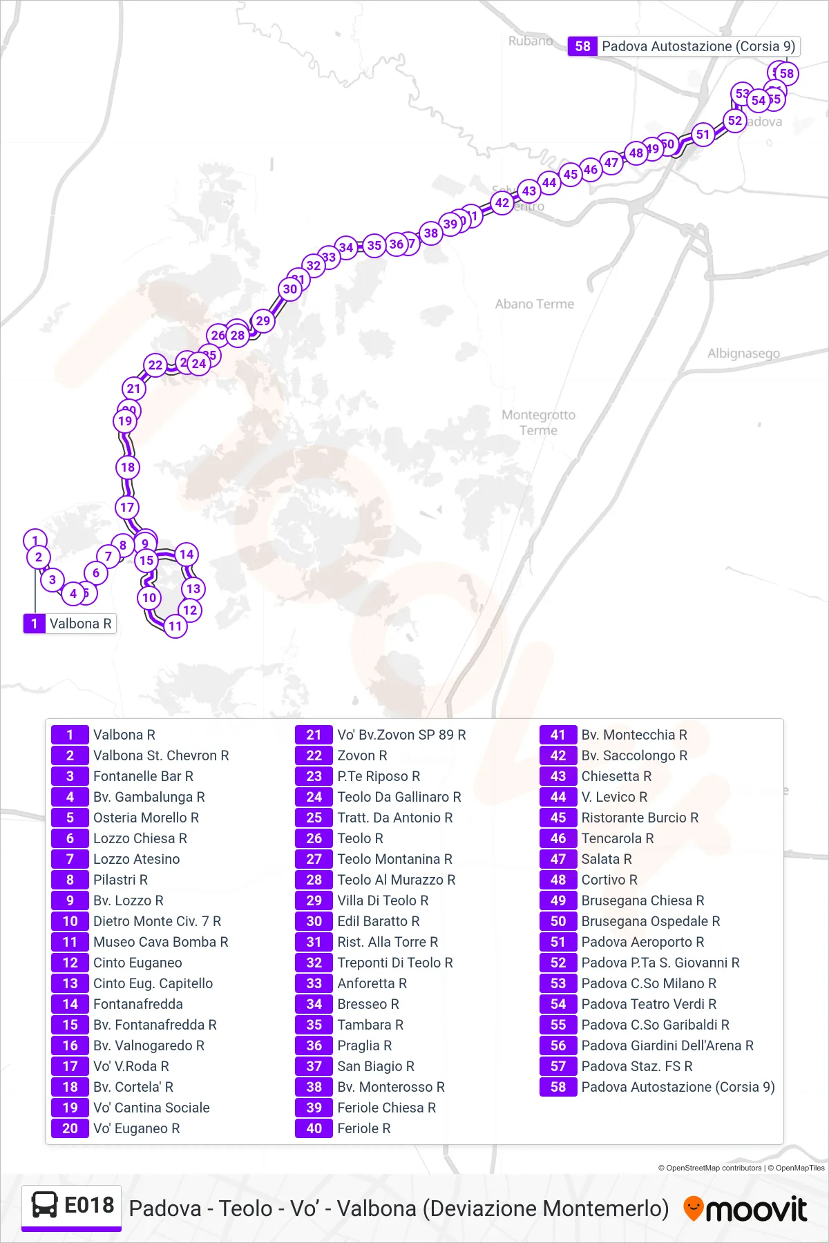 Linea E018 bus (Padova Autostazione) - Percorsi e fermate sulla mappa