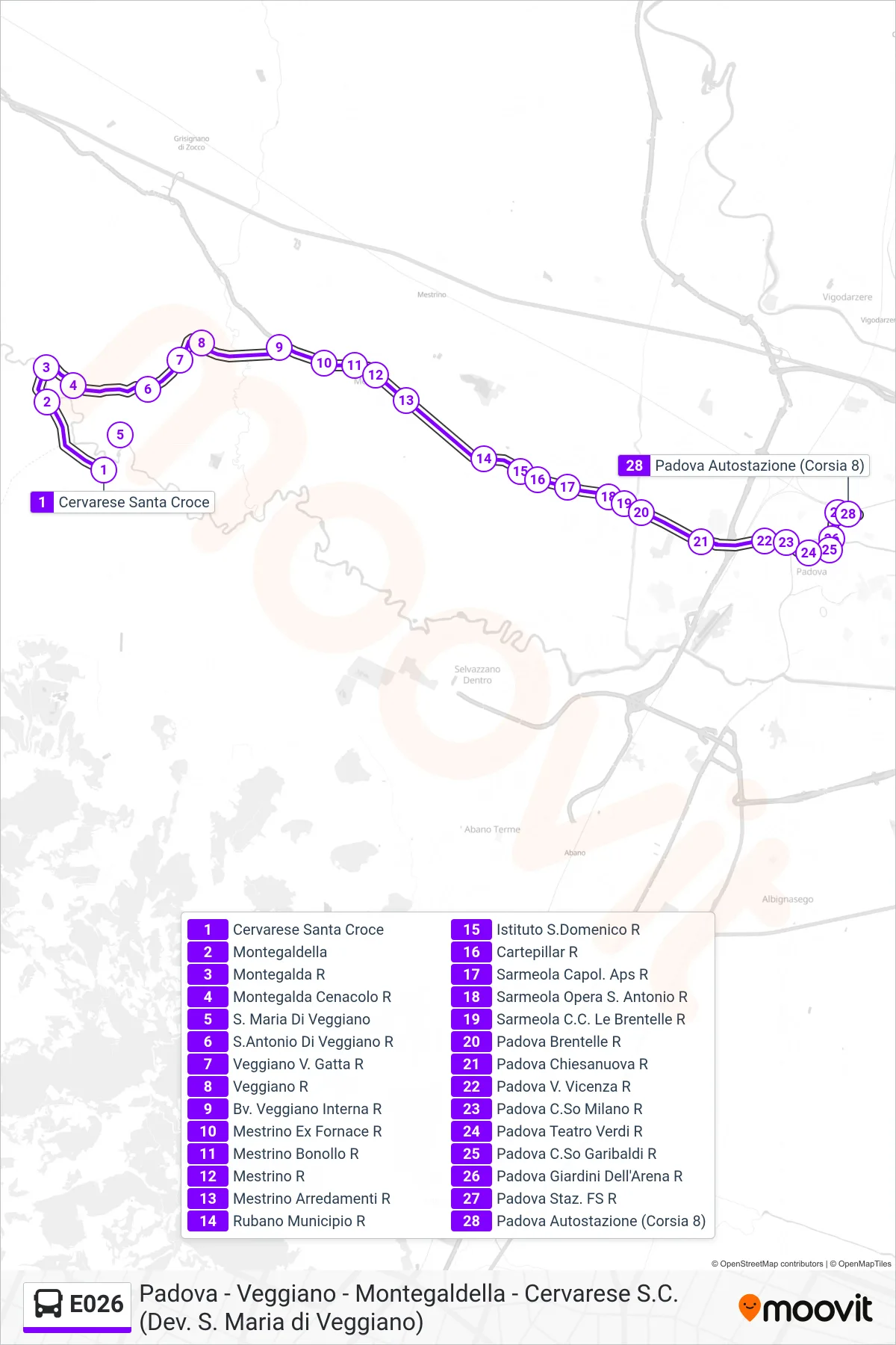 Linea E026 bus (Padova Autostazione) - Percorsi e fermate sulla mappa