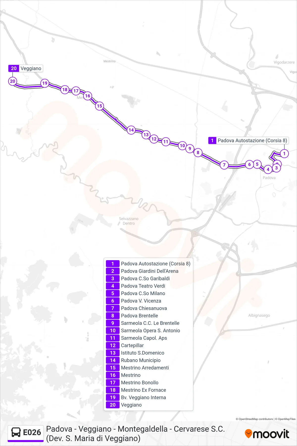 Linea E026 bus (Veggiano) - Percorsi e fermate sulla mappa