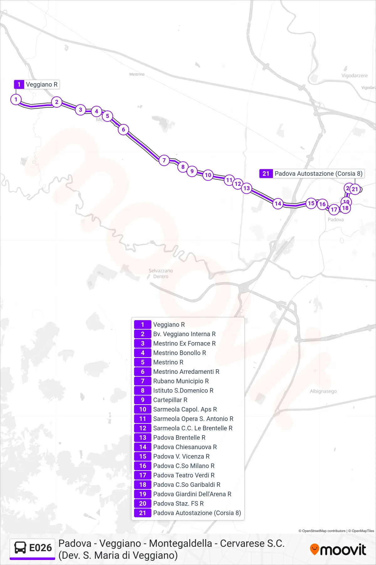 Linea E026  bus (Padova Autostazione) - Percorsi e fermate sulla mappa