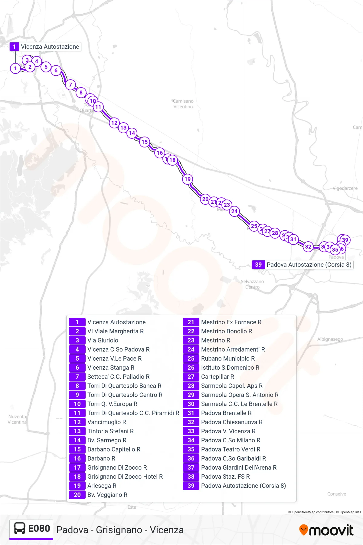 Linea E080  bus (Padova Autostazione) - Percorsi e fermate sulla mappa