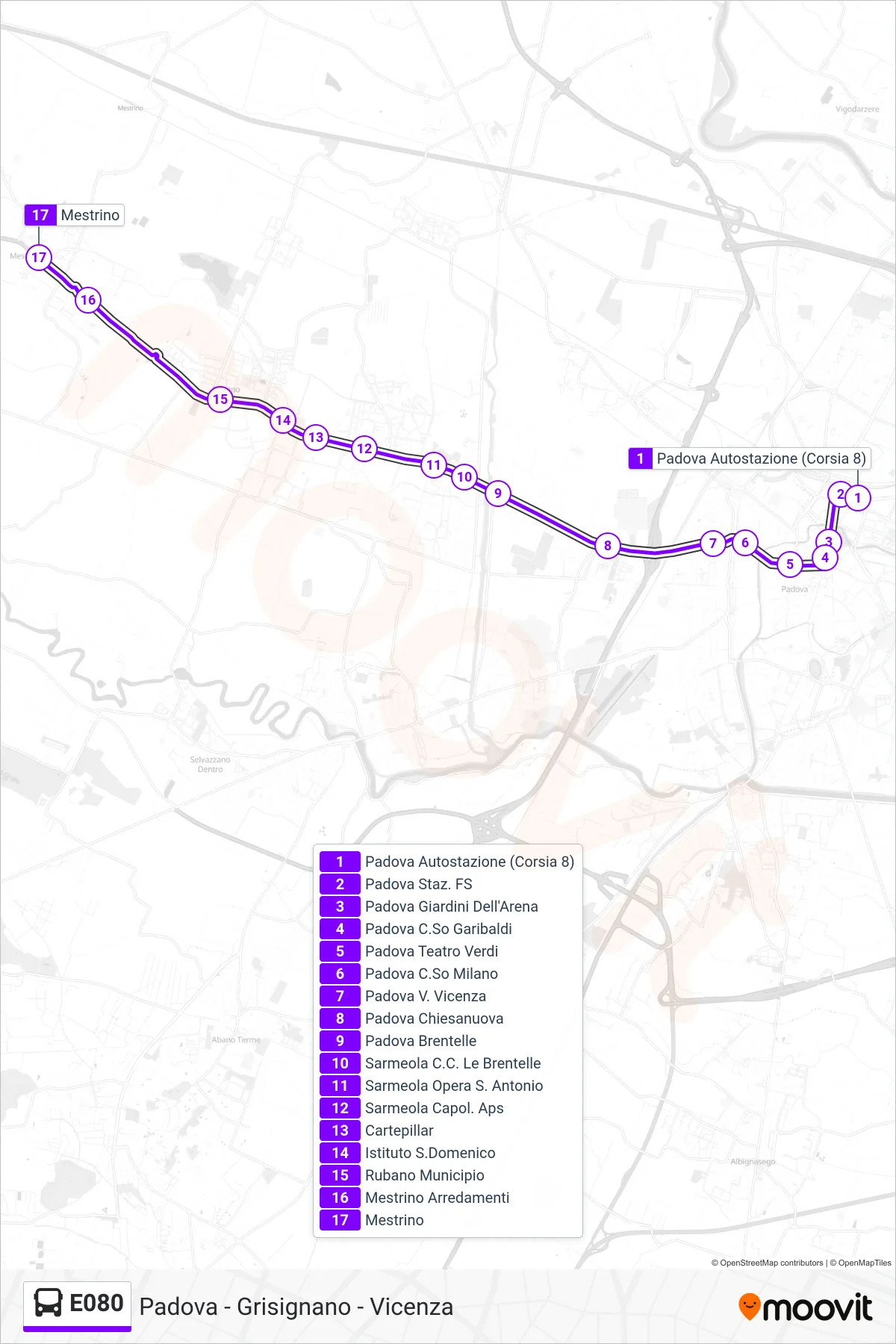 Linea E080 bus (Mestrino) - Percorsi e fermate sulla mappa