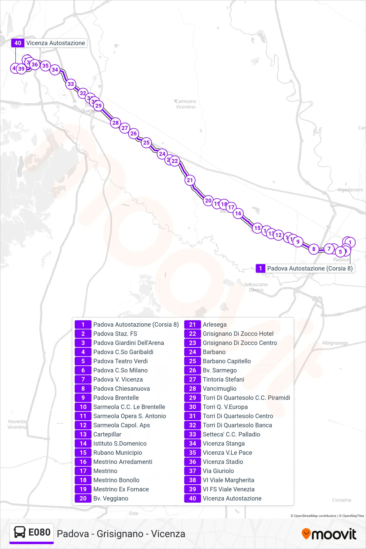 Linea E080 bus (Vicenza Autostazione) - Percorsi e fermate sulla mappa