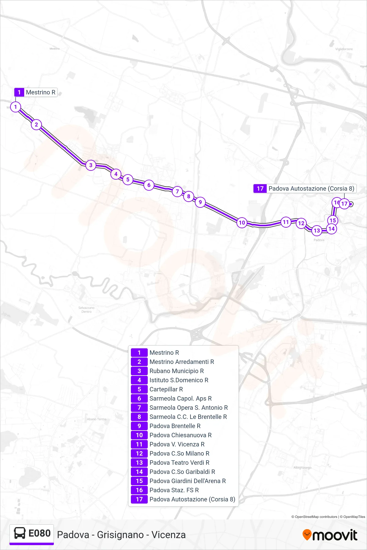Linea E080  bus (Padova Autostazione) - Percorsi e fermate sulla mappa