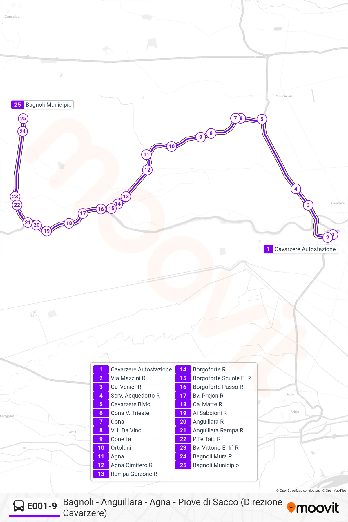 Linea E001-9 bus (Bagnoli Di Sopra) - Percorsi e fermate sulla mappa