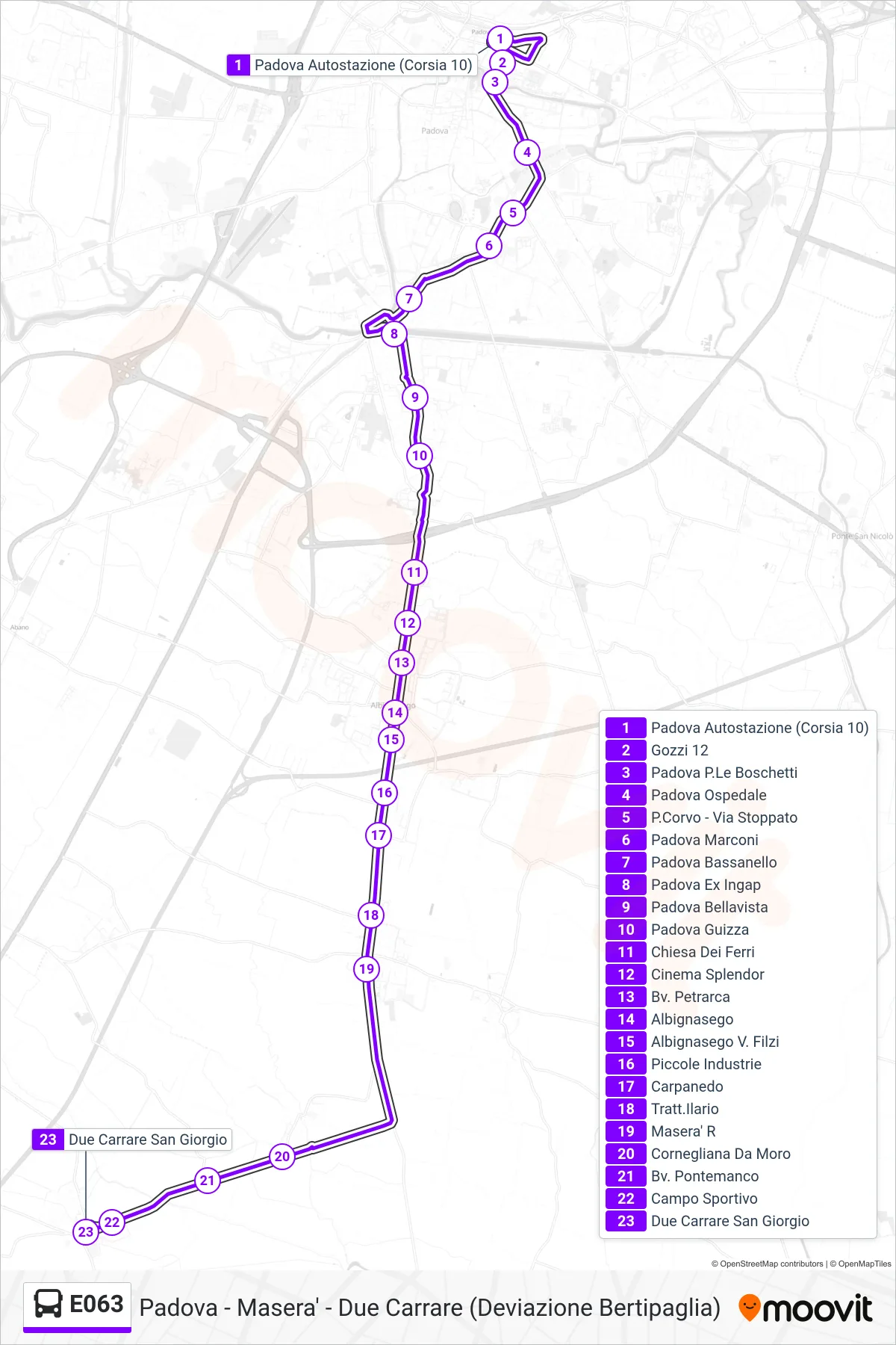 Linea E063 bus (Due Carrare San Giorgio) - Percorsi e fermate sulla mappa