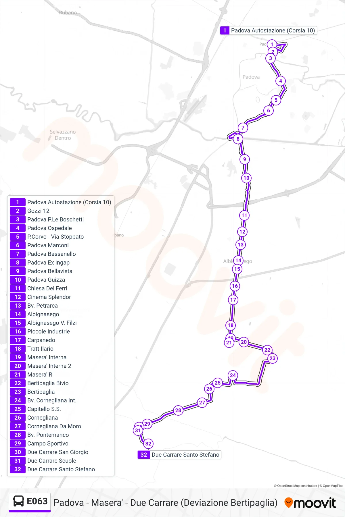 Linea E063  bus (Due Carrare Santo Stefano) - Percorsi e fermate sulla mappa