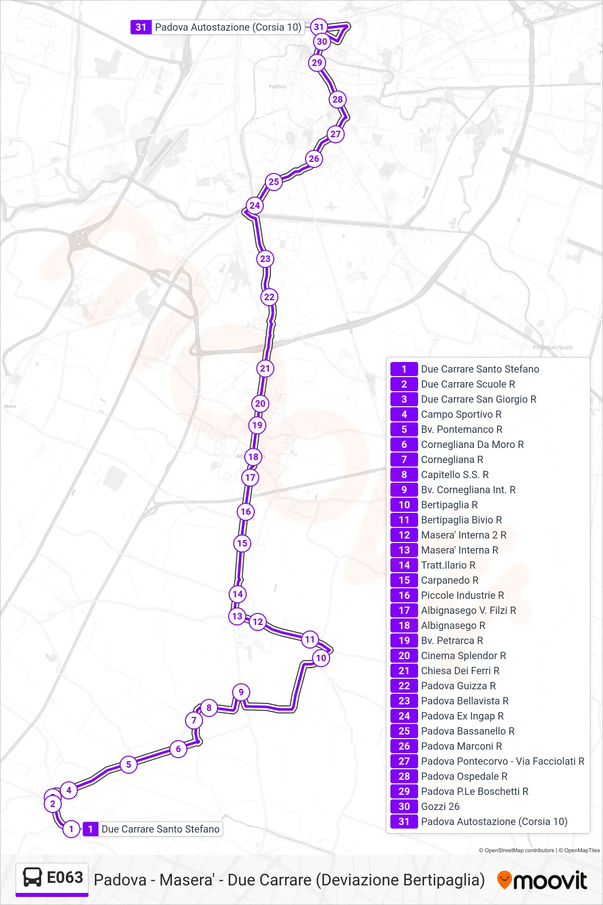 Linea E063  bus (Padova Autostazione) - Percorsi e fermate sulla mappa
