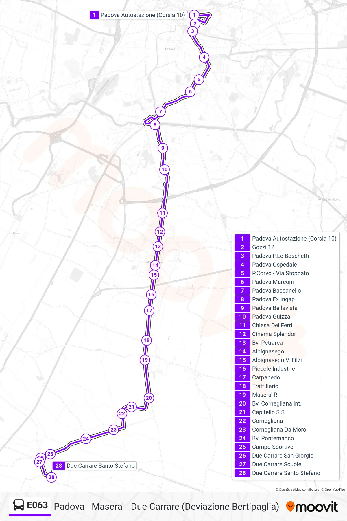 Linea E063  bus (Due Carrare Santo Stefano) - Percorsi e fermate sulla mappa