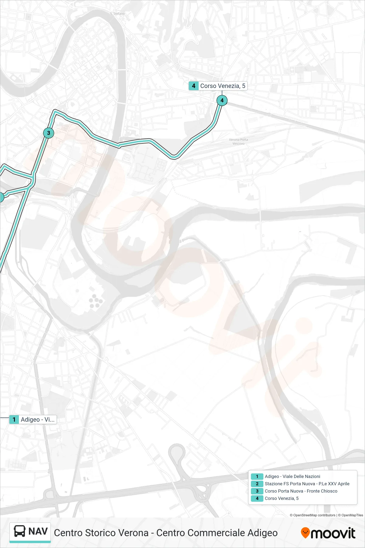 Linea NAV  bus (Adigeo Centro Comm. > Centro Storico) - Percorsi e fermate sulla mappa