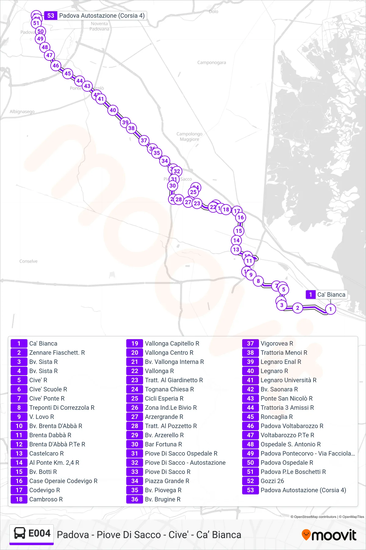 Linea E004 bus (Padova Autostazione) - Percorsi e fermate sulla mappa