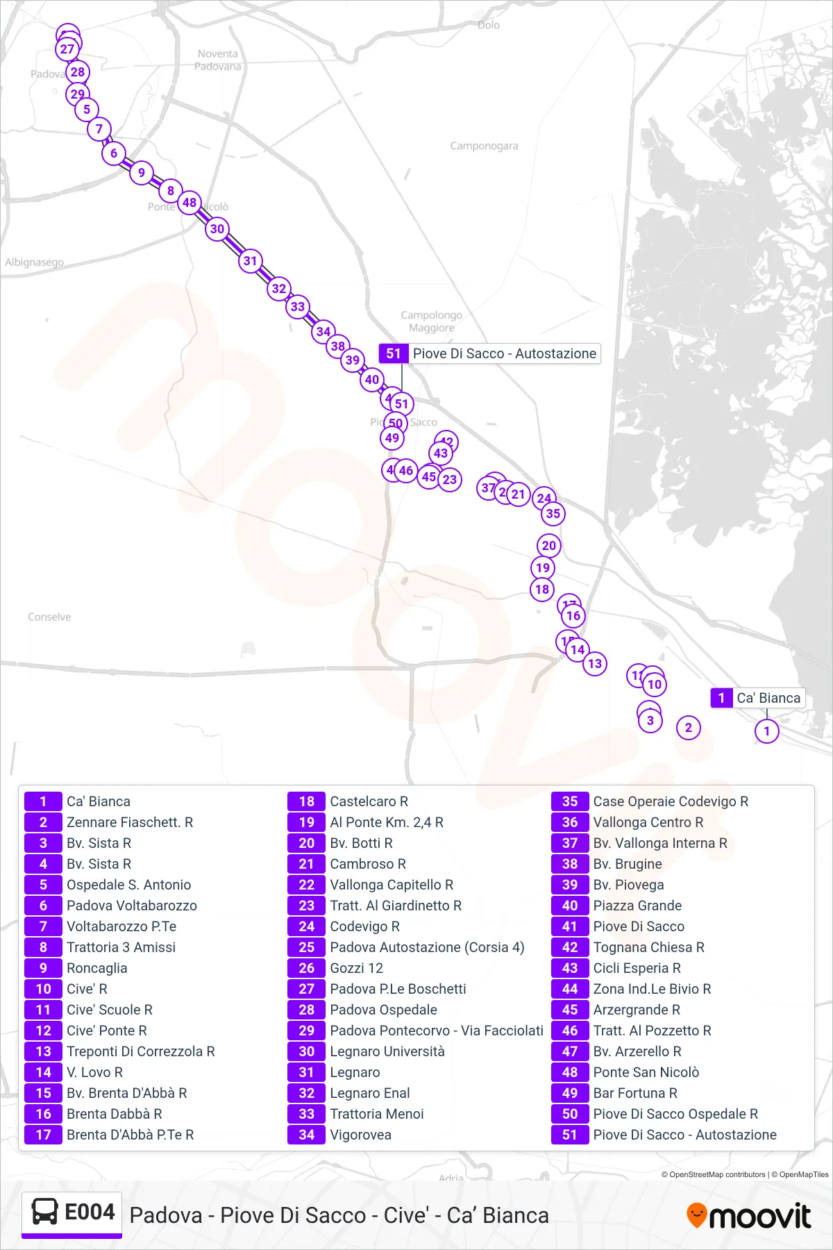 Linea E004 bus (Piove Di Sacco Autostazione) - Percorsi e fermate sulla mappa