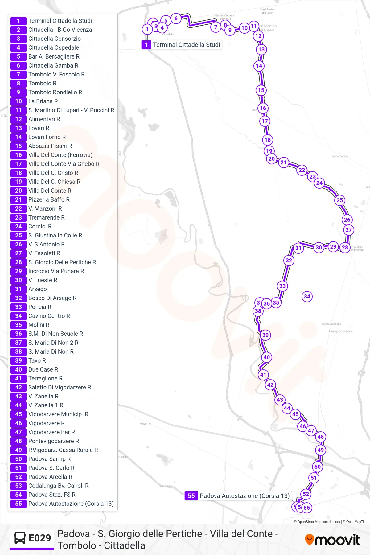 Linea E029 bus (Padova Autostazione) - Percorsi e fermate sulla mappa