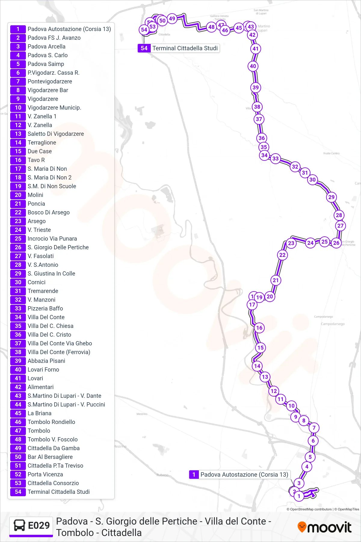 Linea E029 bus (Cittadella Terminal Studi) - Percorsi e fermate sulla mappa