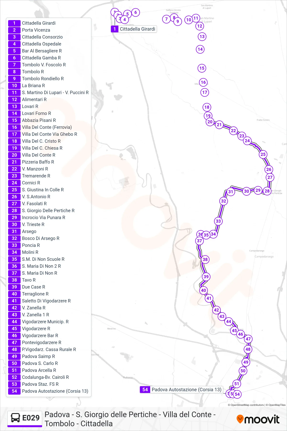 Linea E029  bus (Padova Autostazione) - Percorsi e fermate sulla mappa