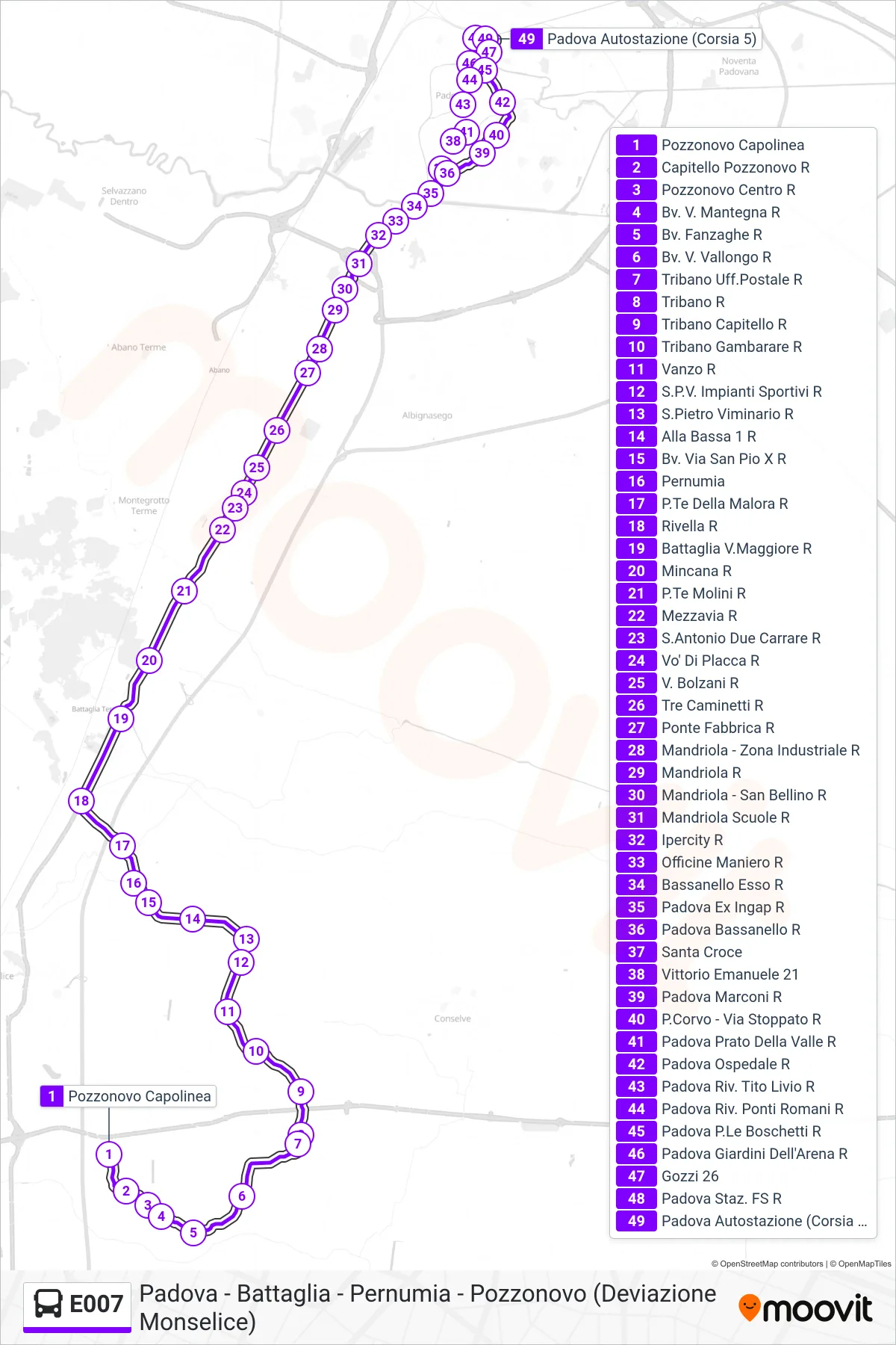 Linea E007  bus (Padova Autostazione) - Percorsi e fermate sulla mappa