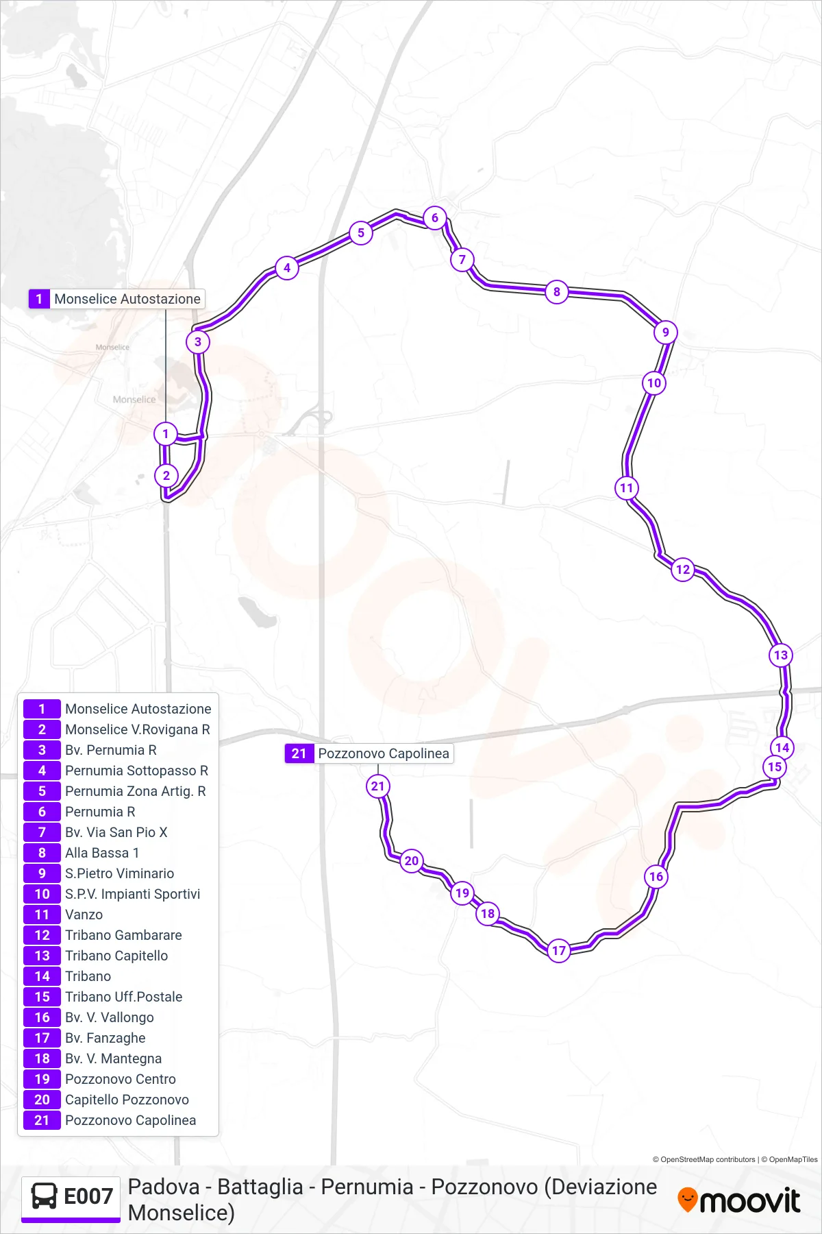 Linea E007  bus (Pozzonovo) - Percorsi e fermate sulla mappa
