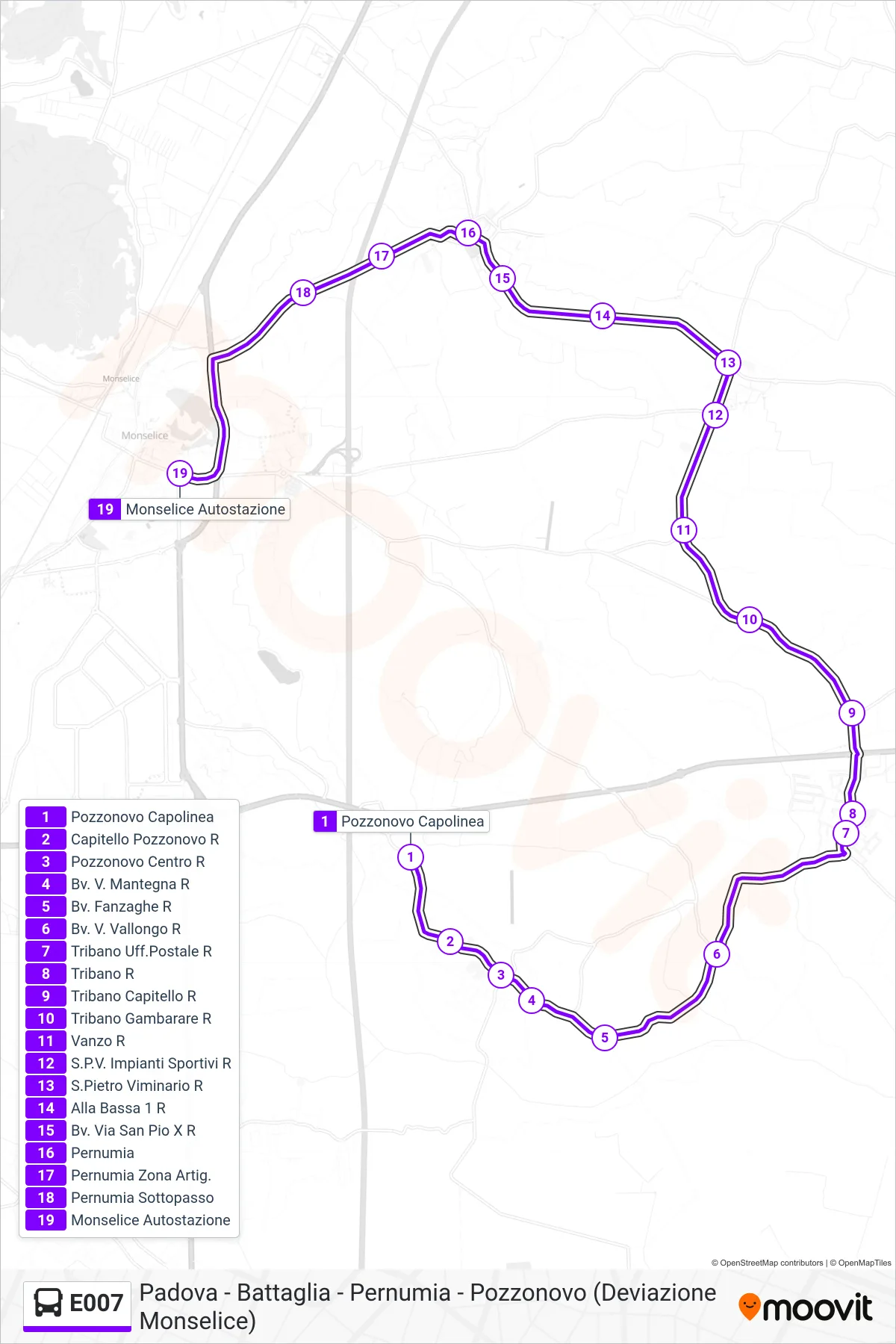Linea E007  bus (Monselice Autostazione) - Percorsi e fermate sulla mappa