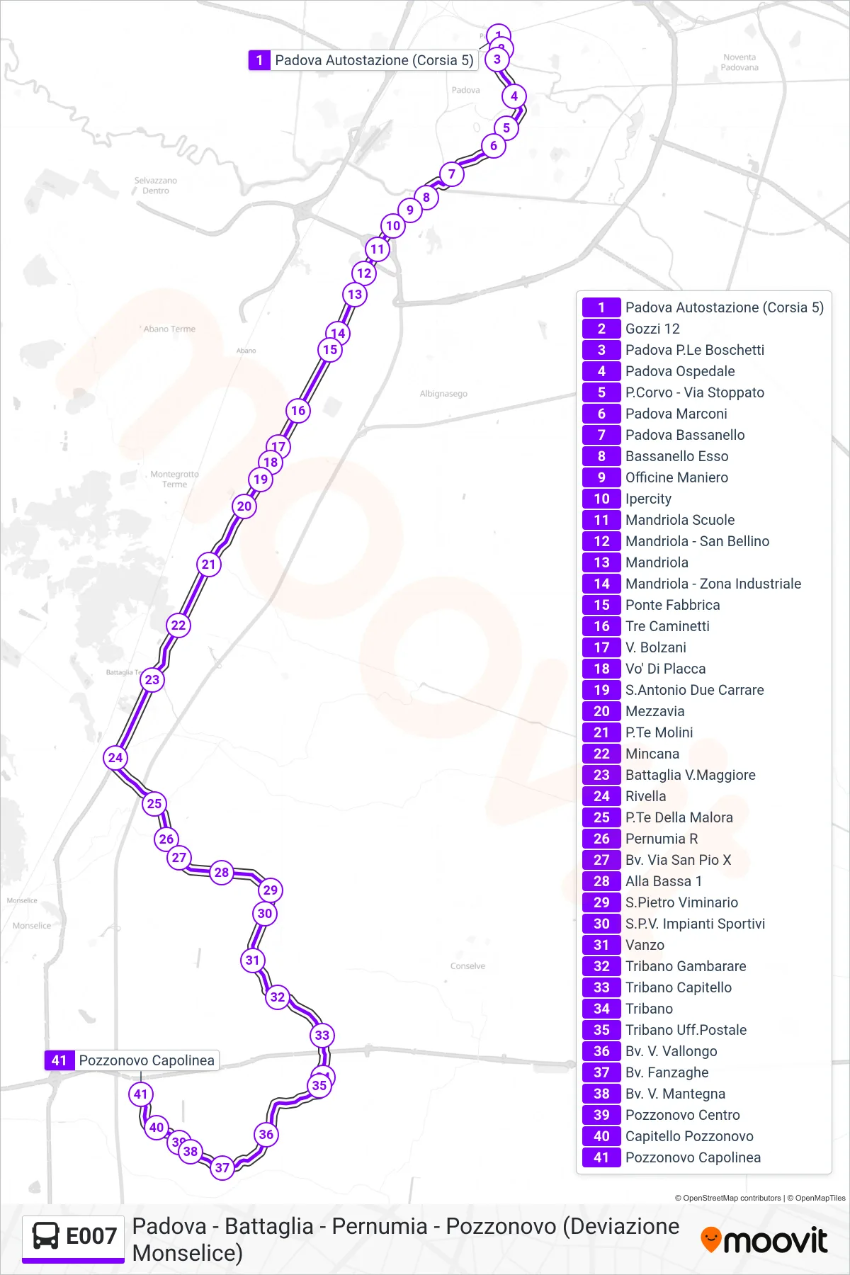Linea E007  bus (Pozzonovo) - Percorsi e fermate sulla mappa