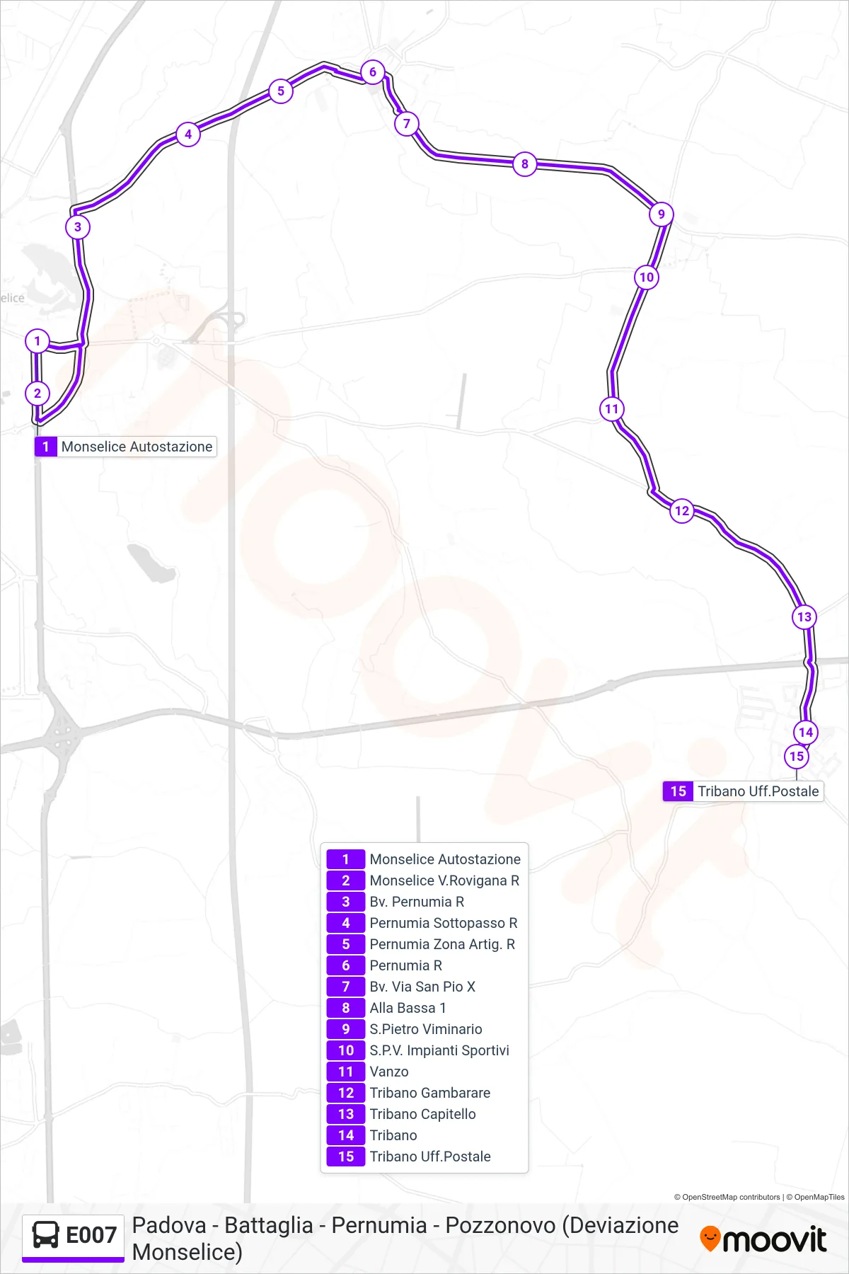 Linea E007 bus (Tribano) - Percorsi e fermate sulla mappa