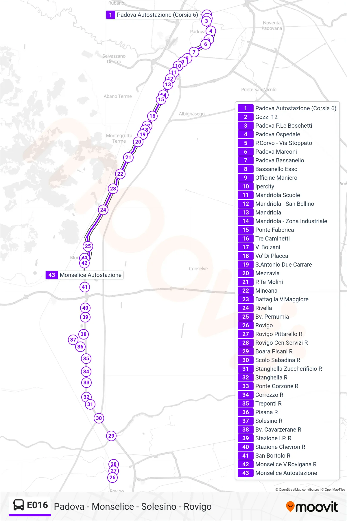 Linea E016 bus (Monselice Autostazione) - Percorsi e fermate sulla mappa
