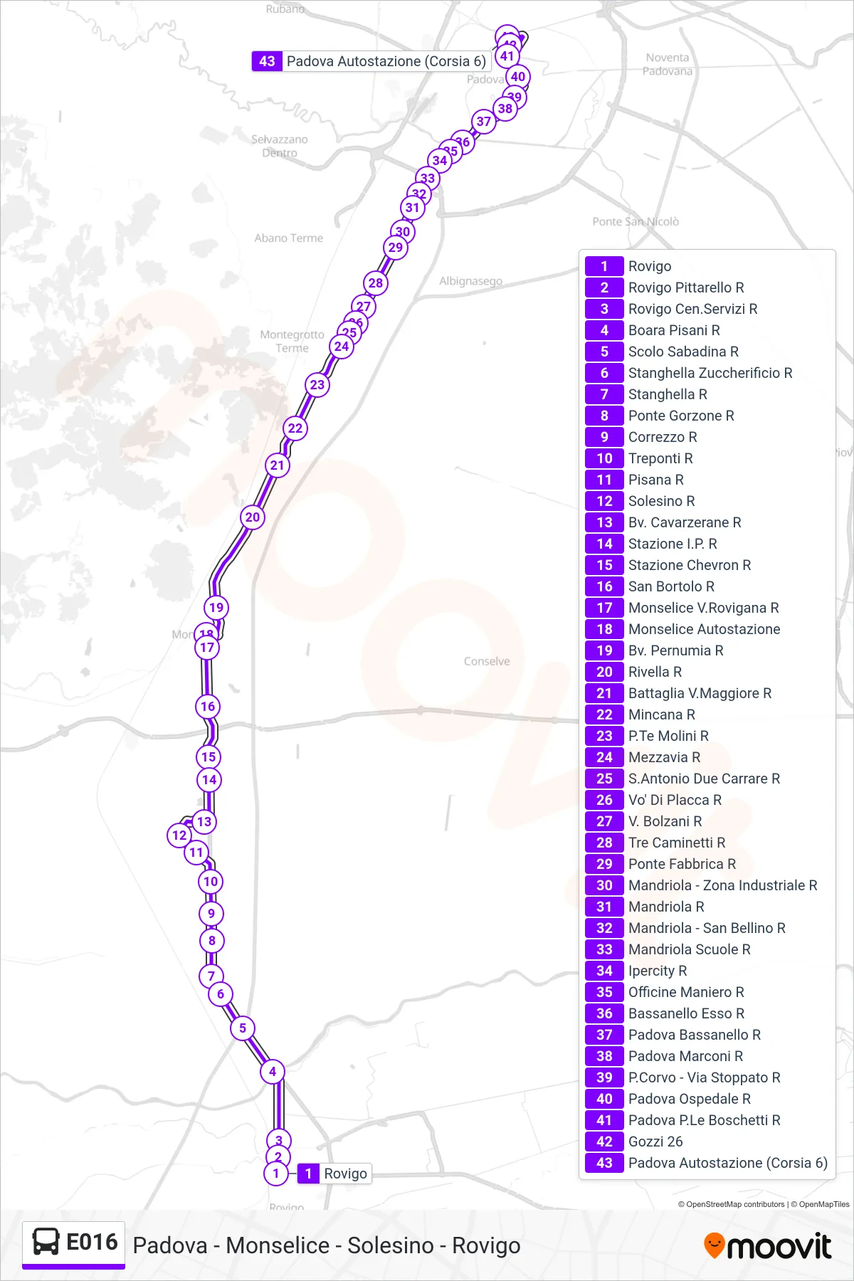 Linea E016 bus (Padova Autostazione) - Percorsi e fermate sulla mappa