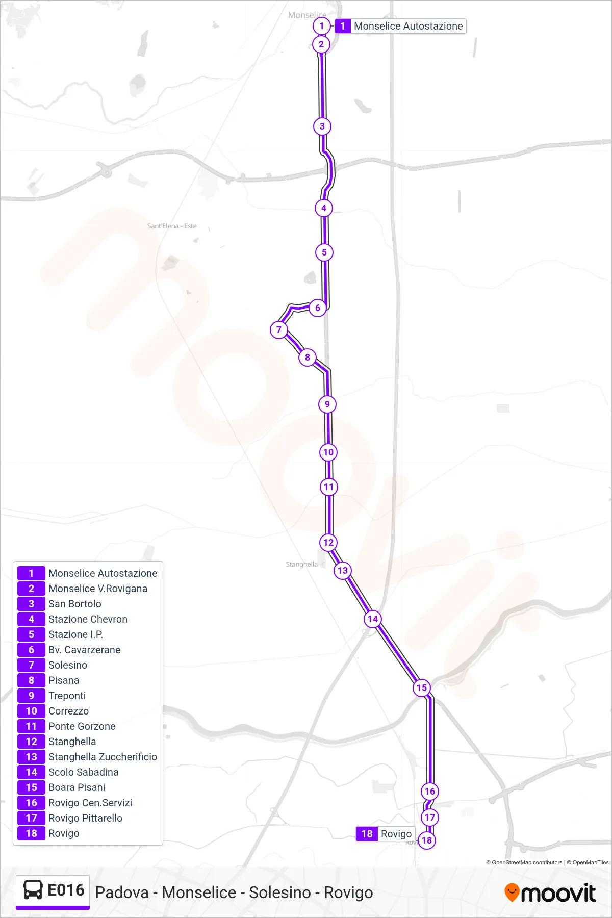 Linea E016 bus (Rovigo) - Percorsi e fermate sulla mappa