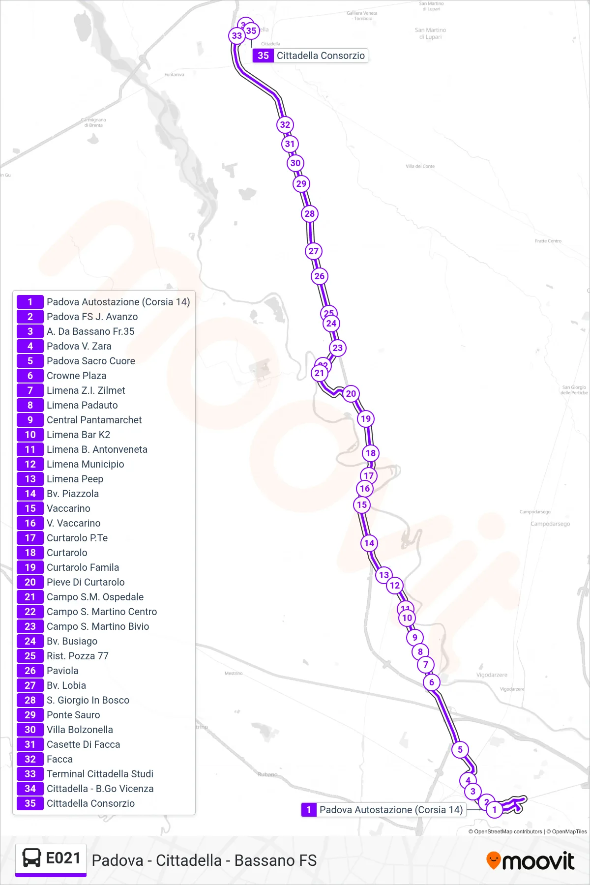 Linea E021  bus (Cittadella P.Ta Treviso) - Percorsi e fermate sulla mappa