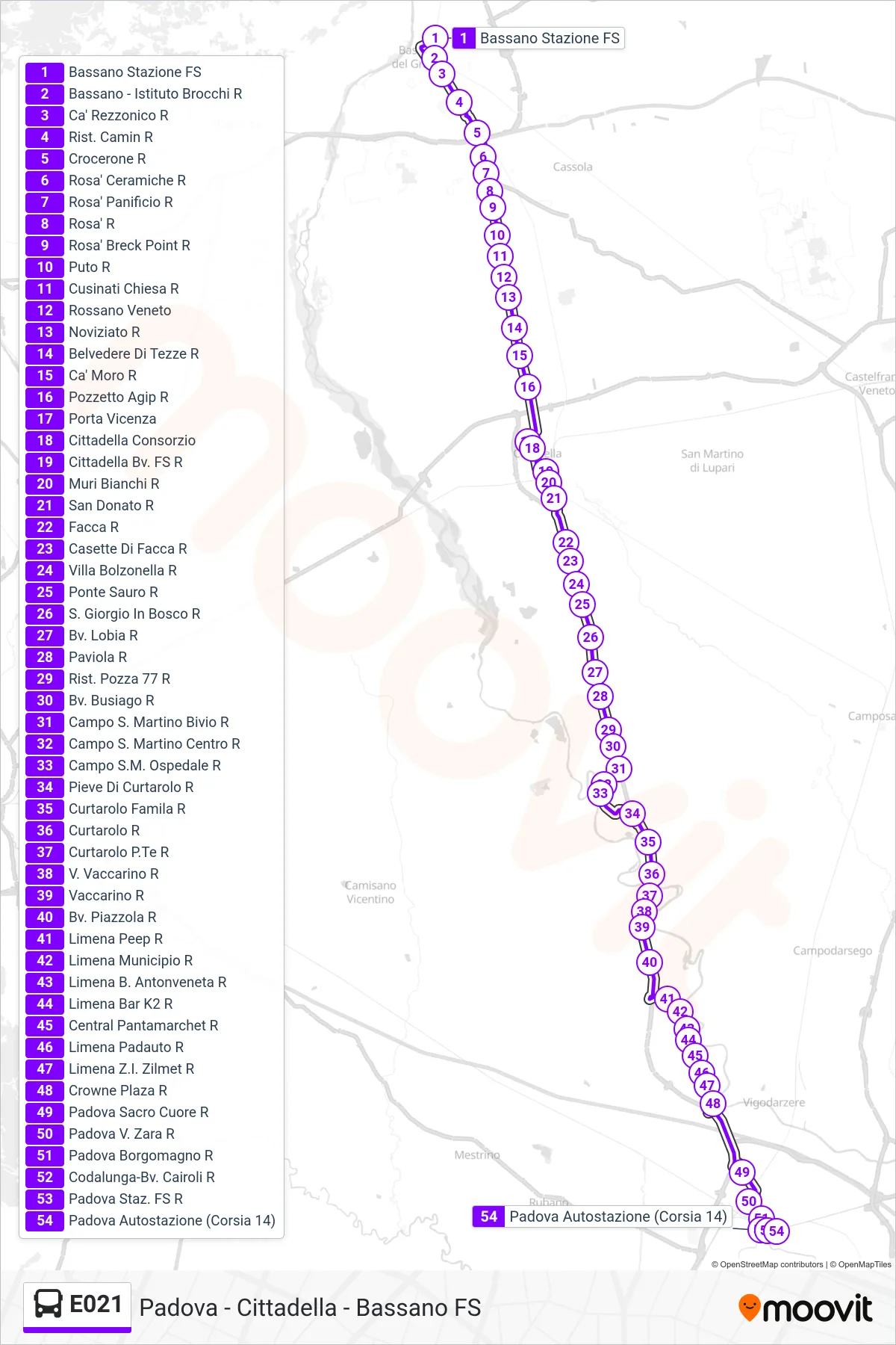 Linea E021  bus (Padova Autostazione) - Percorsi e fermate sulla mappa