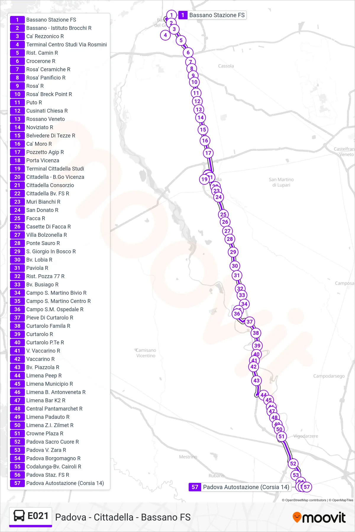 Linea E021 bus (Padova Autostazione) - Percorsi e fermate sulla mappa
