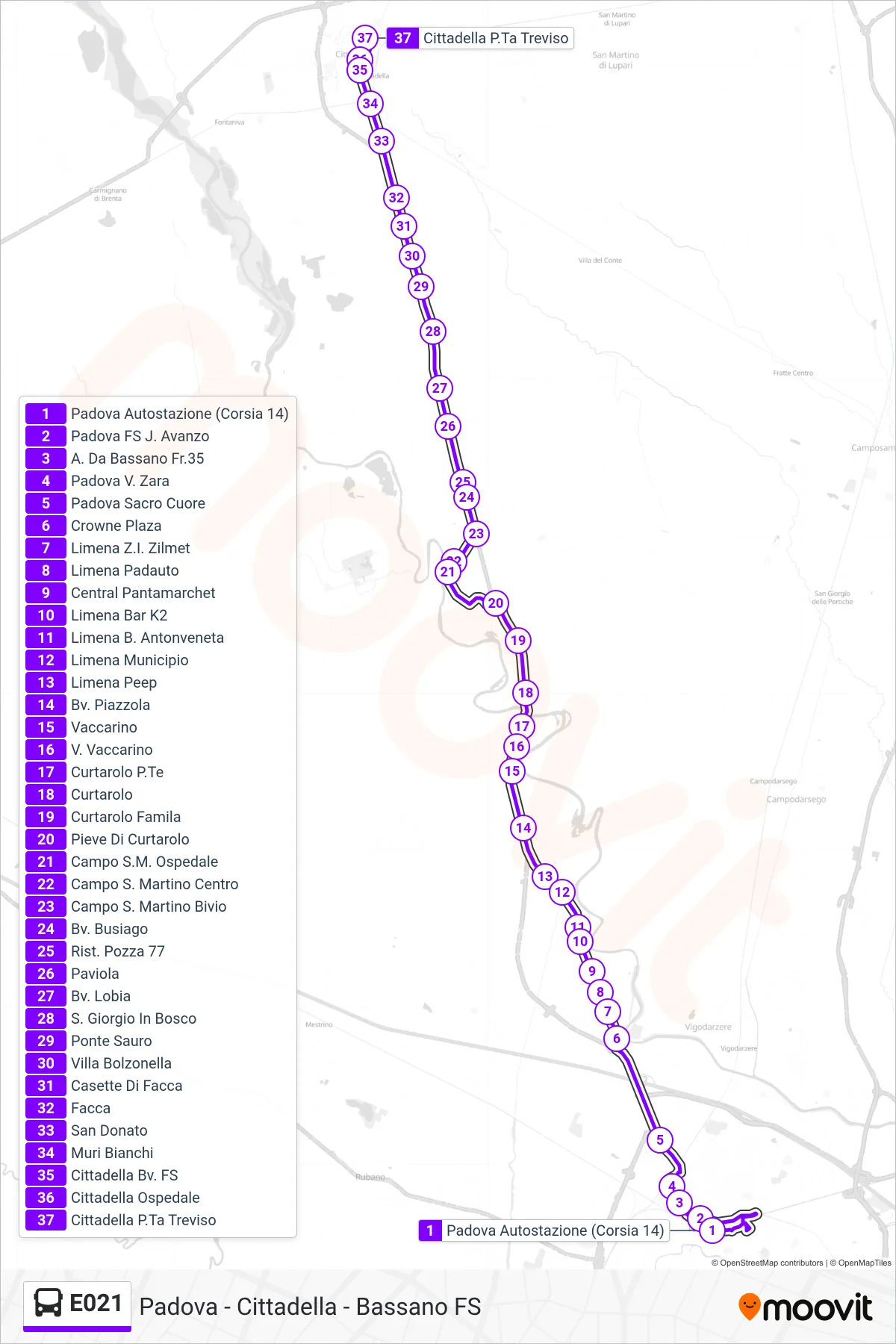 Linea E021  bus (Cittadella P.Ta Treviso) - Percorsi e fermate sulla mappa