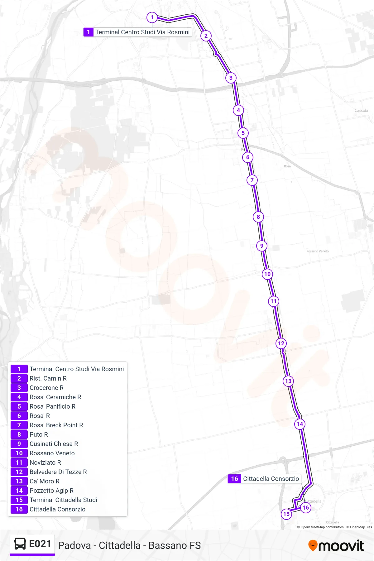 Linea E021  bus (Cittadella Consorzio) - Percorsi e fermate sulla mappa