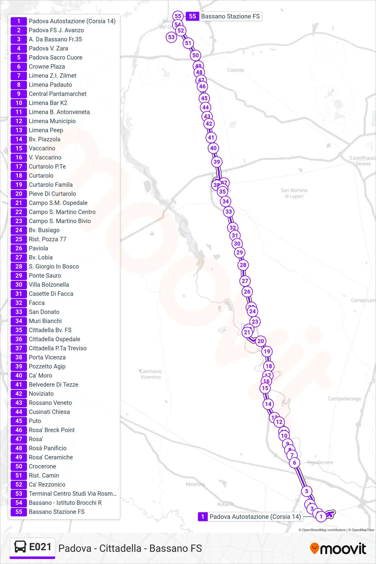 Linea E021 bus (Bassano FS) - Percorsi e fermate sulla mappa