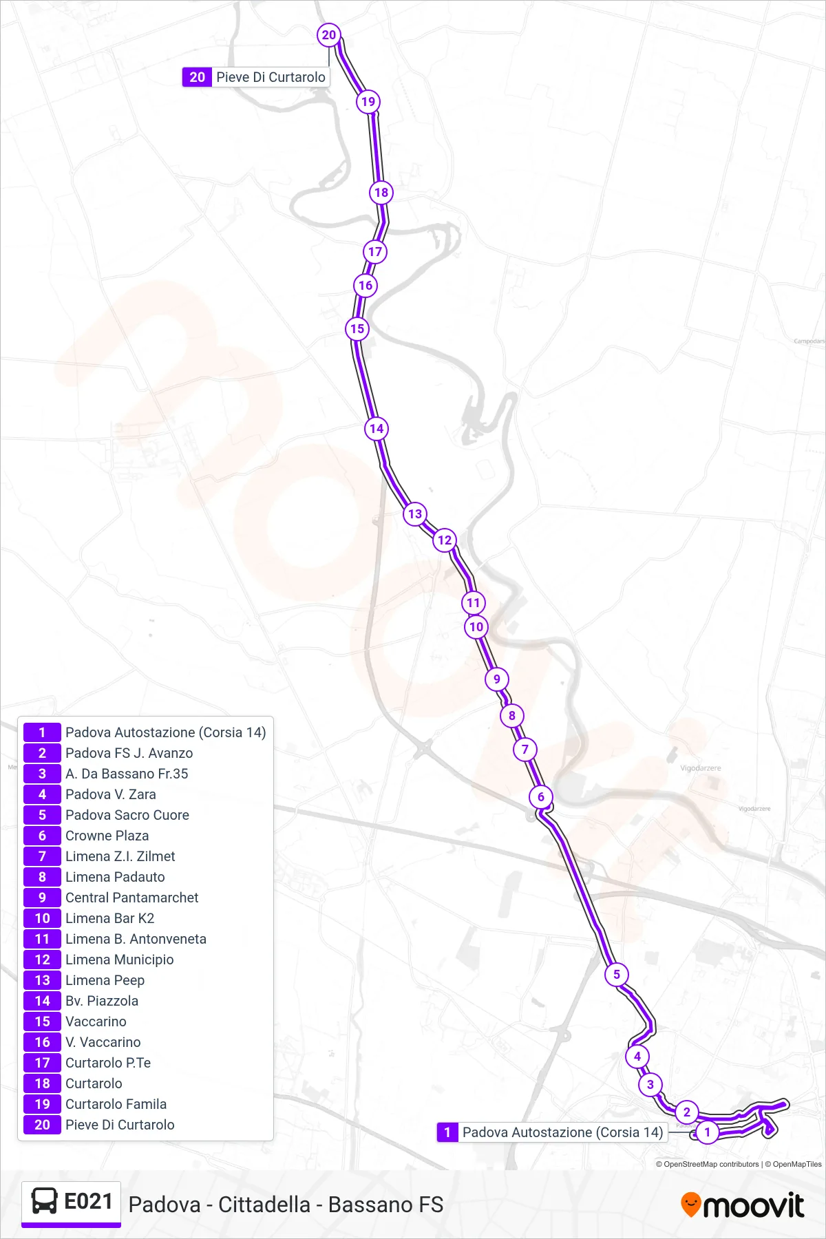 Linea E021 bus (Pieve Di Curtarolo) - Percorsi e fermate sulla mappa